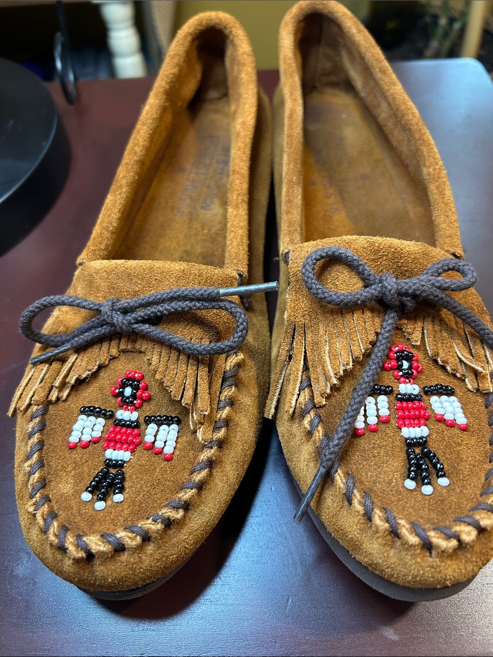 Minnetonka Brown Suede Fringe Beaded Moccasins